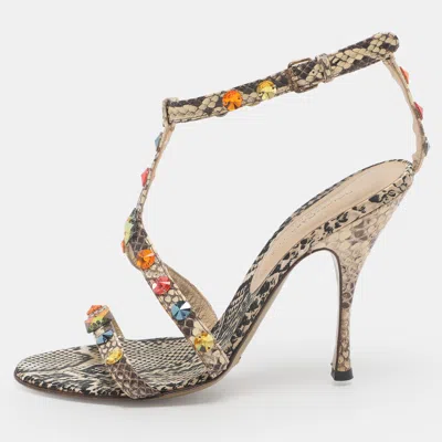 Pre-owned Dolce & Gabbana Beige Python Leather Crystal Embellished Ankle Strap Sandals Size 38.5