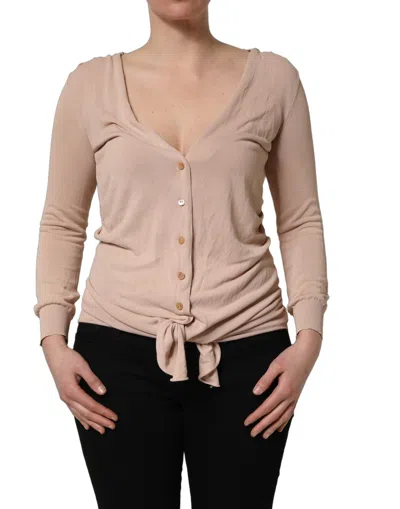 Pre-owned Dolce & Gabbana Beige Ribbed V-neck Front Tie Cardigan Women's Sweater ()