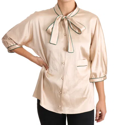 Dolce & Gabbana Beige Ribbon Silk Stretch Top Women's Blouse In Sand