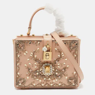 Pre-owned Dolce & Gabbana Beige Satin And Leather Crystal Embellished Rosaria Box Top Handle Bag
