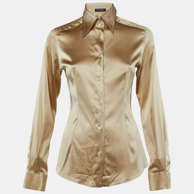 Pre-owned Dolce & Gabbana Beige Silk Satin Button Front Shirt S In Sand