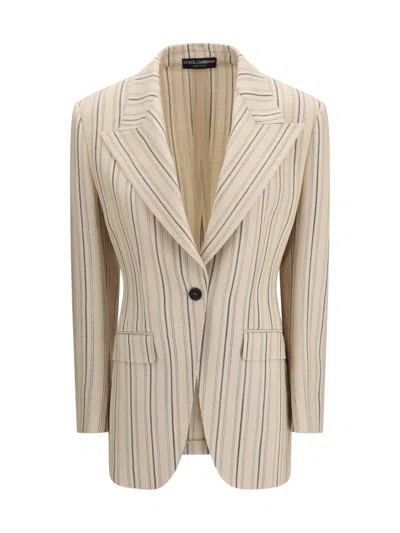 Dolce & Gabbana Beige Stripes Notched Lapel Blazer In Neutral