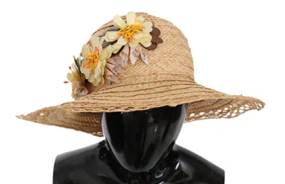 Dolce & Gabbana Beige Wide Brim Floral Bucket Capello Women's Hat In Sand