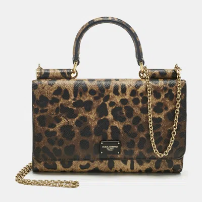 Pre-owned Dolce & Gabbana Beige/black Leopard Print Coated Canvas Miss Sicily Von Wallet On Chain In Sand