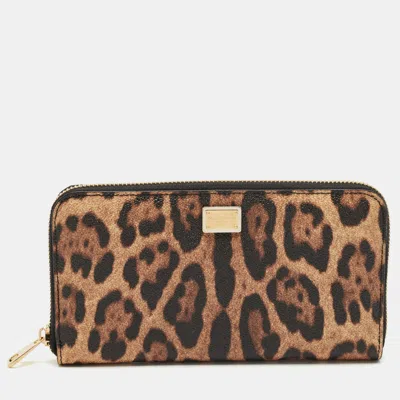 Pre-owned Dolce & Gabbana Beige/black Leopard Print Coated Canvas Zip Continental Wallet