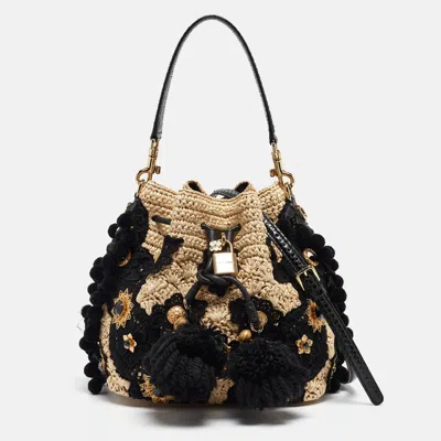 Pre-owned Dolce & Gabbana Beige/black Raffia Crochet Embellished Claudia Bucket Bag