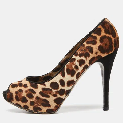 Pre-owned Dolce & Gabbana Beige/brown Leopard Print Calfhair Peep Toe Pumps Size 39
