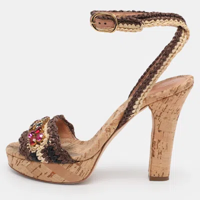 Pre-owned Dolce & Gabbana Beige/brown Straw Crystal Embellished Ankle Strap Sandals Size 38