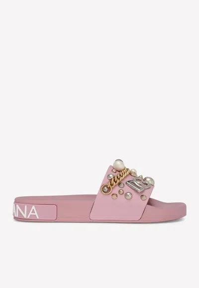 Dolce & Gabbana Bejeweled Appliqués Beachwear Slides In Rubber In Pink