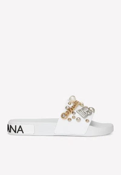 Dolce & Gabbana Bejeweled Appliqués Beachwear Slides In Rubber In White