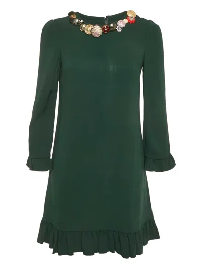 Pre-owned Dolce & Gabbana Bejewelled Flounce-trim Mini Dress In Green