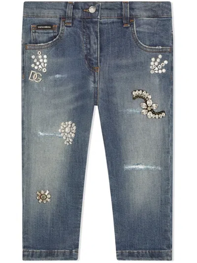 Dolce & Gabbana Kids' Bejewelled Slim-cut Jeans In Blue