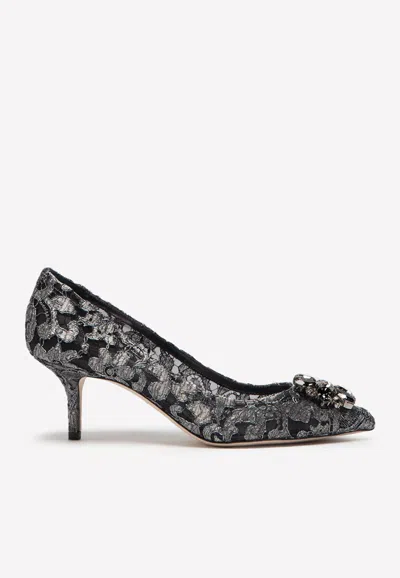 Dolce & Gabbana Bellucci 60 Lurex Lace Pumps With Brooch Detail In Grey