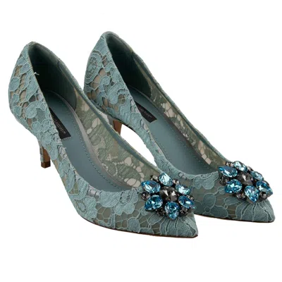 Pre-owned Dolce & Gabbana Bellucci Crystal Brooch Taormina Lace Pumps Heels Shoes Blue
