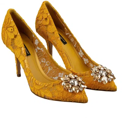 Pre-owned Dolce & Gabbana Bellucci Crystal Brooch Taormina Lace Pumps Heels Shoes Yellow
