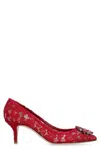 Dolce & Gabbana Bellucci 60 Brooch Embellished Lace Pumps In Red