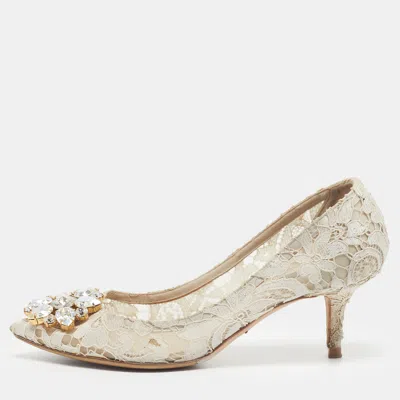 Pre-owned Dolce & Gabbana Bellucci Size 37 Beige Lace And Mesh Pumps In Sand
