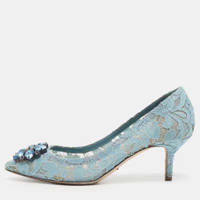 Pre-owned Dolce & Gabbana Bellucci Size 37 Blue Lace Crystal Embellished Pumps