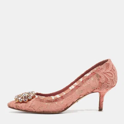 Pre-owned Dolce & Gabbana Bellucci Size 37 Pink Lace And Mesh Pumps