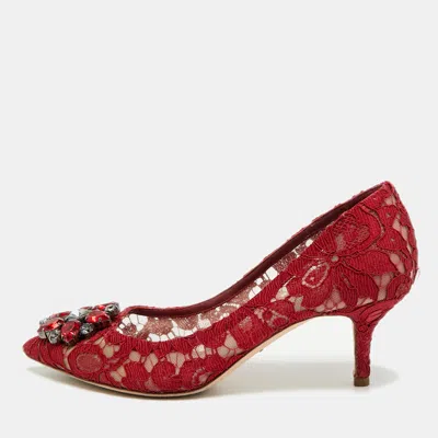Pre-owned Dolce & Gabbana Bellucci Size 37 Red Lace And Mesh Pumps