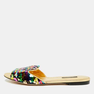 Pre-owned Dolce & Gabbana Bellucci Size 38 Multicolor Leather And Sequins Flat Slides