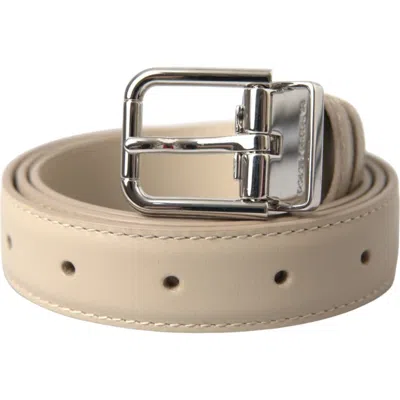 Pre-owned Dolce & Gabbana Belt Beige Calfskin Leather Silver Metal Buckle 80cm/32in 420usd