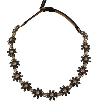 Pre-owned Dolce & Gabbana Belt Black Daisy Crystal Dauphine Texture S. S / 75cm Rrp $1300
