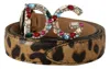 Pre-owned Dolce & Gabbana Belt Brown Leopard Leather Dg Crystals Buckle S. 70cm / 28in In Brown