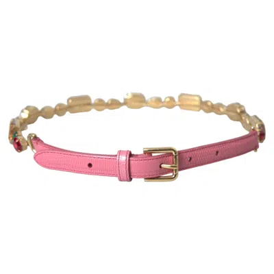 Pre-owned Dolce & Gabbana Belt Pink Leather Crystal Chain Embellished 70cm / 28in 1210usd