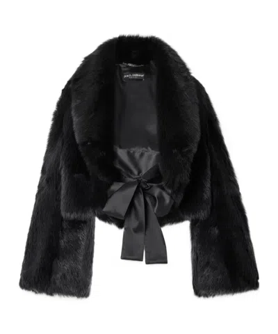 Dolce & Gabbana Cropped Satin-trimmed Shearling Jacket In Black