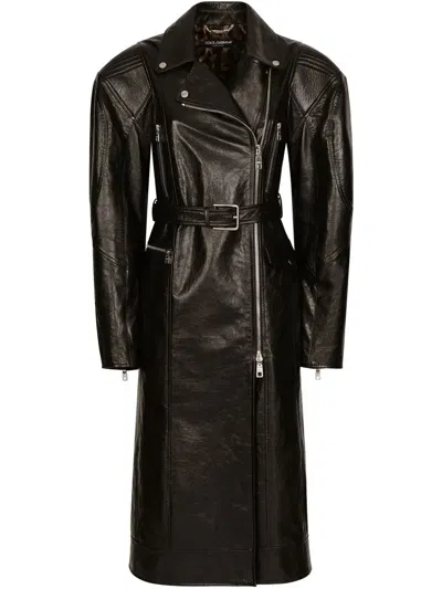 Dolce & Gabbana Belted Leather Long Biker Jacket In Black