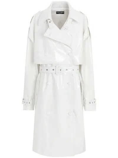 Dolce & Gabbana Belted Patent-finish Trench Coat In White