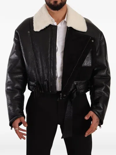 Dolce & Gabbana Shearling Lambskin Biker Coat Belted Waist In Black