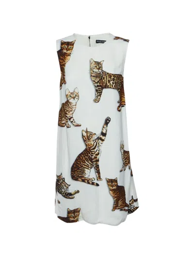 Pre-owned Dolce & Gabbana Bengal Cat-print Midi Dress In White