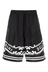 Dolce & Gabbana Black Bermuda Pants With Drawstring Elastic Waist And Maxi Print In Silk Man