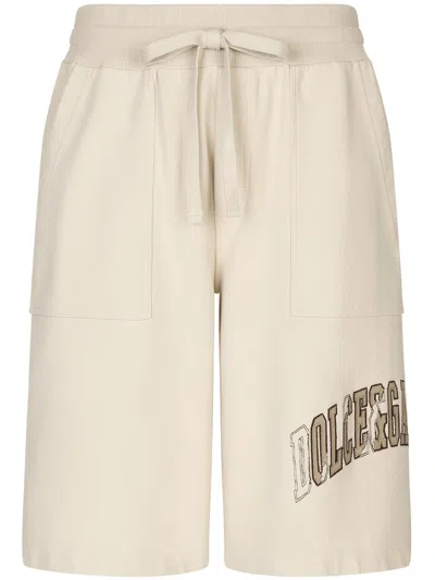 Dolce & Gabbana Logo-embroidered Cotton Track Shorts In Beige