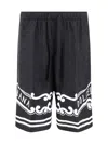 Dolce & Gabbana Black Bermuda Pants With Drawstring Elastic Waist And Maxi Print In Silk Man In Black