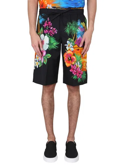 Dolce & Gabbana Bermuda Shorts With Hawaii Print In Black