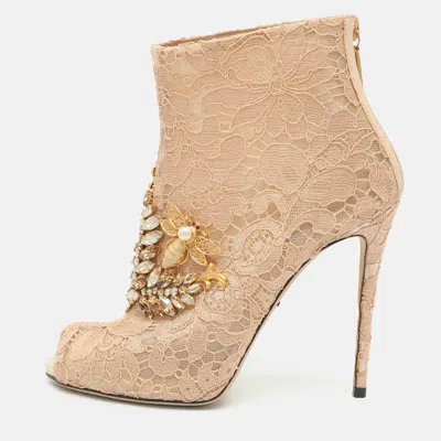 Pre-owned Dolce & Gabbana Bette Size 37 Beige Lace Peep Toe Ankle Length Boots In Sand