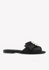 Dolce & Gabbana Bianca Crystal Buckle Satin Flat Sandals In Black