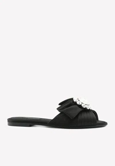 Dolce & Gabbana Bianca Crystal Buckle Satin Flat Sandals In Black