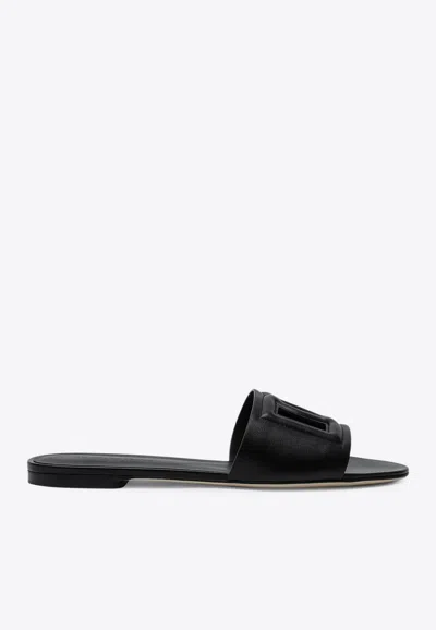 Dolce & Gabbana Bianca Dg Logo Leather Slides In Black