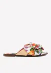 Dolce & Gabbana Bianca Floral Flat Sandals With Crystal Buckle In Multicolor