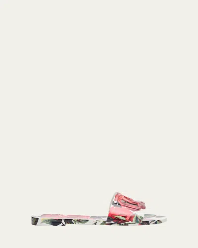 Dolce & Gabbana Bianca Floral Rubber Dg Flat Sandals In Multi