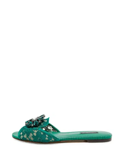 Pre-owned Dolce & Gabbana Bianca Lace Flat Sandals In Green