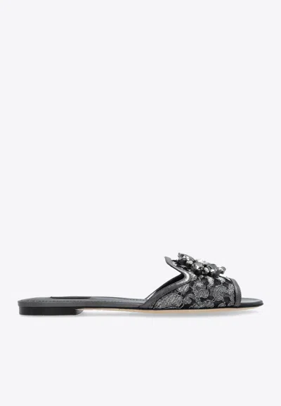 DOLCE & GABBANA BIANCA LUREX LACE FLAT SANDALS