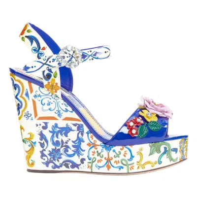 Pre-owned Dolce & Gabbana Dolce Gabbana Bianca Majolica Print Floral Embellished Platform Wedges Eu38.5 In Gray