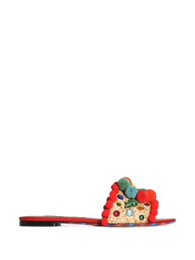 Dolce & Gabbana Bianca Pom-pom Slippers In Red