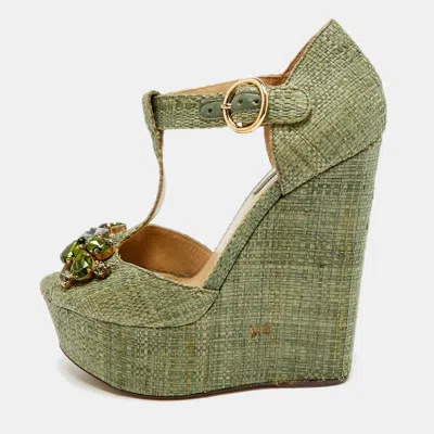 Pre-owned Dolce & Gabbana Bianca Size 35 Green Raffia Wedge Sandals