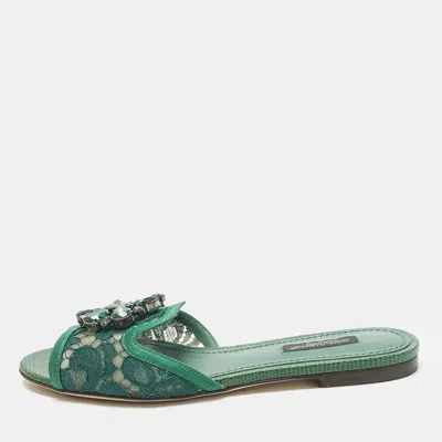 Pre-owned Dolce & Gabbana Bianca Size 36 Green Lace And Satin Flat Slide
